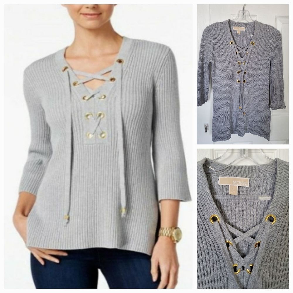 Michael Kors Women's Sweater Small Gray Gold Lace-Up Ribbed Tunic 3/4 Sleeve